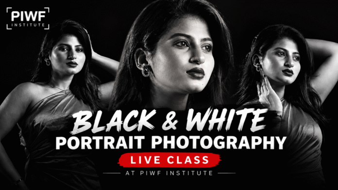 Black and white portrait photography live class poster by PIWF Institute featuring three dramatic studio portraits of a woman