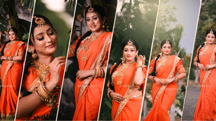 Bridal Photoshoot Ideas and Poses at PIWF Institute in Patna - Woman in orange saree with gold bridal jewelry posing in 6 different traditional bridal poses