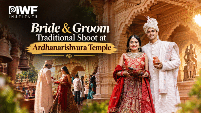 Bride and groom in traditional wedding attire during a photography shoot at Ardhanarishvara Temple, featuring ornate temple architecture and warm cinematic lighting | PIWF Institute.