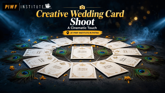Creative Wedding Invitation Card Shoot with cinematic lighting, wedding cards arranged in a circular pattern with peacock feathers on a dark background, text overlay 