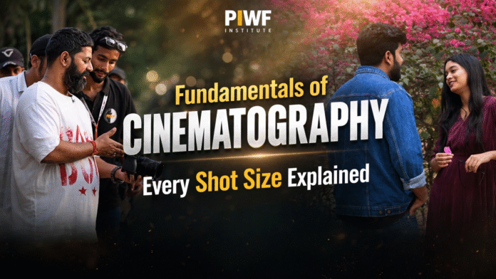 Fundamentals of Cinematography: Every Shot Size Explained by PIWF Institute, featuring a cinematography class and practical camera shooting session.