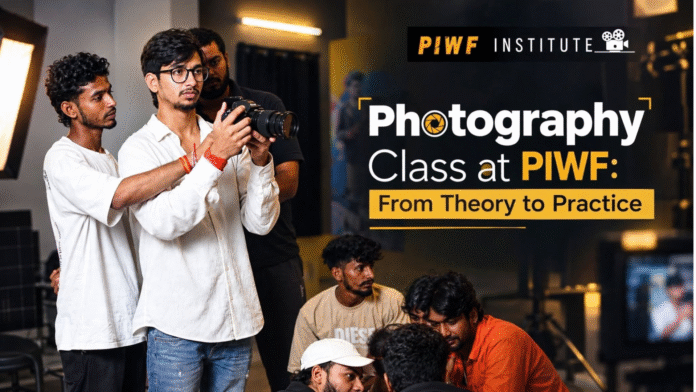Students learning hands-on photography during a practical class at PIWF Institute in Patna, with instructor guiding camera handling from theory to practice