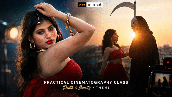 Practical cinematography class Death and Beauty theme photoshoot - model in red dress with grim reaper at sunset
