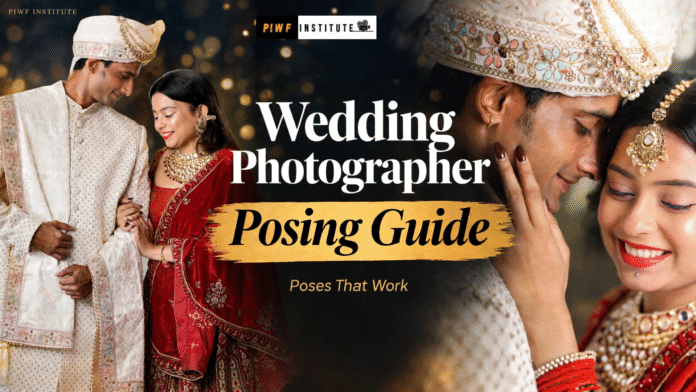 Wedding Photographer Posing Guide thumbnail featuring a bride and groom in traditional wedding attire, showcasing romantic couple poses and wedding photography techniques by PIWF Institute.