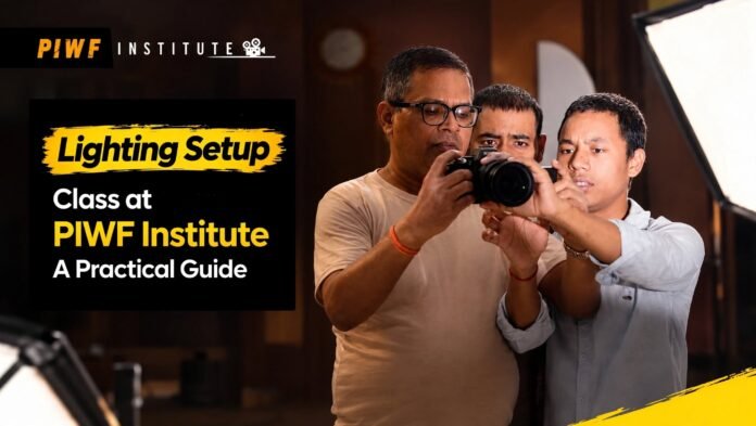 Instructor teaching lighting setup to photography students at PIWF Institute during a practical photography class