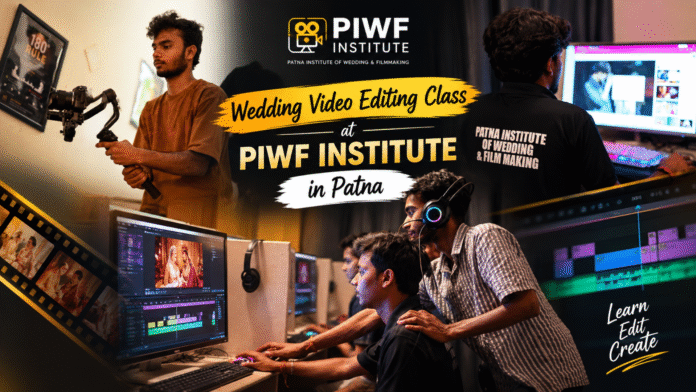 Students learning wedding video editing in practical lab at PIWF Institute Patna - Patna Institute of Wedding & Filmmaking gimbal and Premiere Pro training class