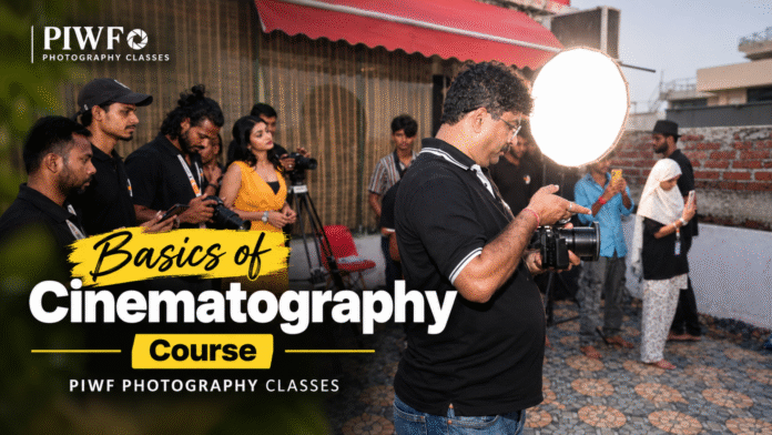Basics of Cinematography Course practical class at PIWF Photography Classes - students learning camera handling and lighting setup with model shoot on terrace